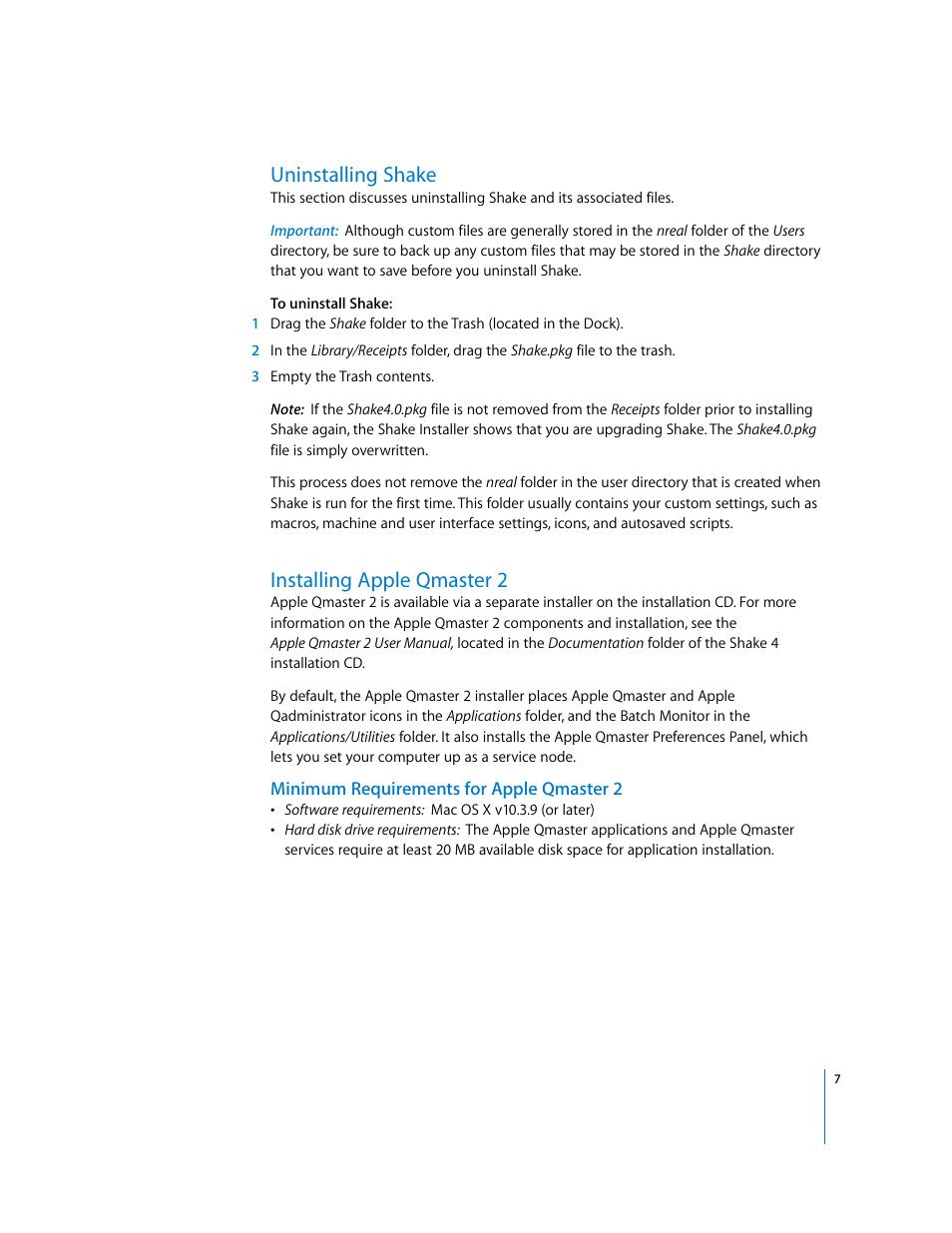 Uninstalling shake, Installing appleqmaster2, Minimum requirements for apple qmaster 2 | Installing apple qmaster 2 | Apple Installing Your Shake 4 Software User Manual | Page 7 / 12