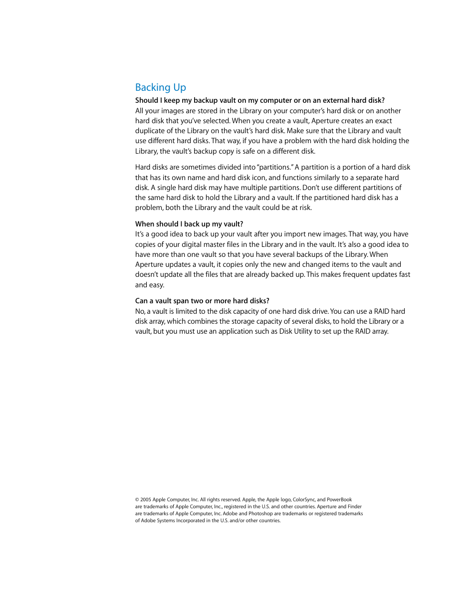 Backing up | Apple Frequently Asked Questions About Aperture User Manual | Page 11 / 11