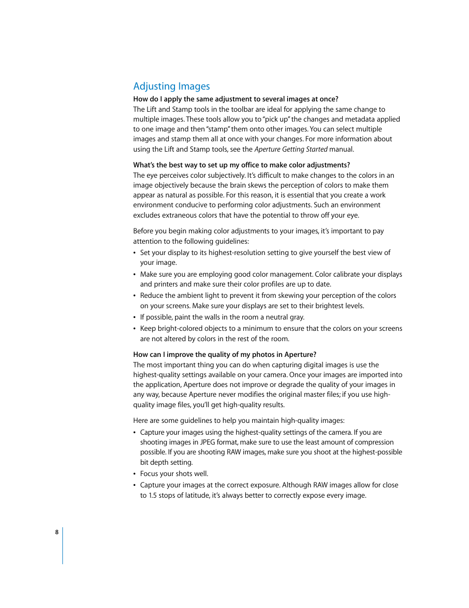 Adjusting images | Apple Frequently Asked Questions About Aperture User Manual | Page 8 / 11