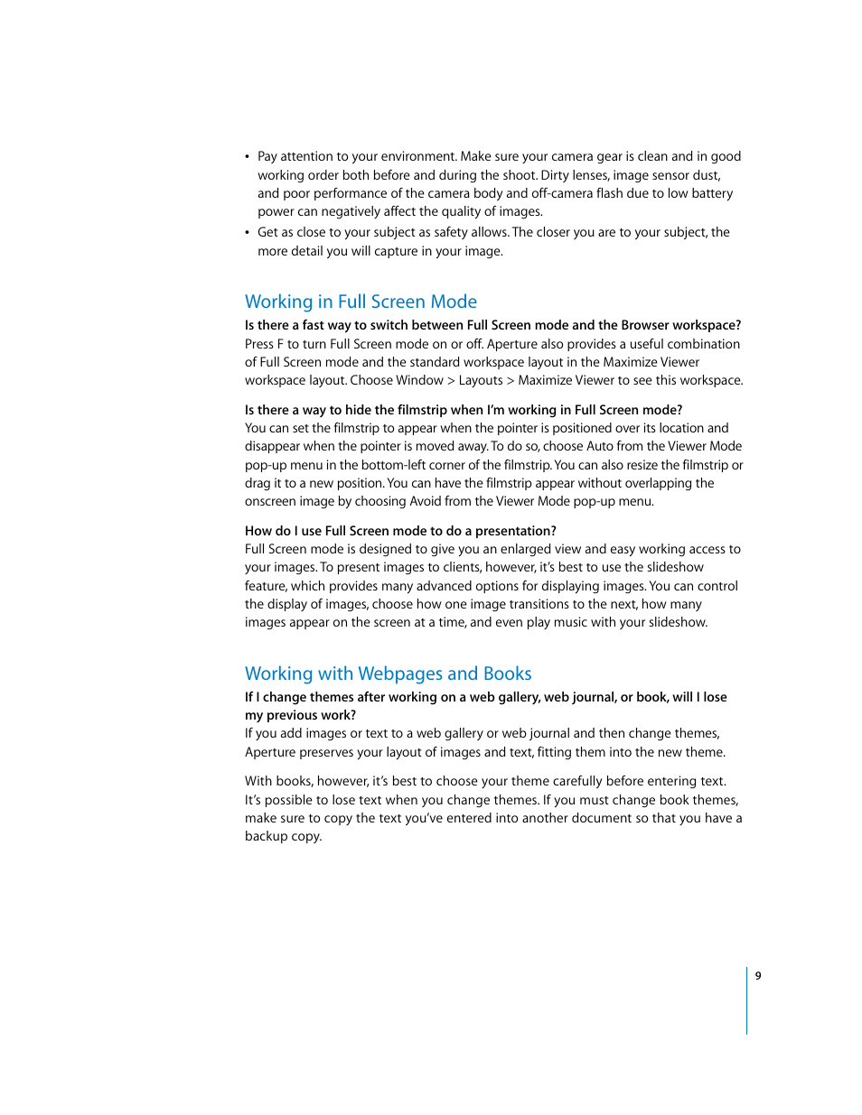 Working in full screen mode, Working with webpages and books | Apple Frequently Asked Questions About Aperture User Manual | Page 9 / 11