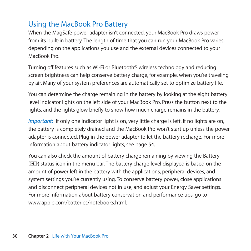 Using the macbook pro battery, 30 using the macbook pro battery | Apple MacBook Pro (15-inch, Early 2011) User Manual | Page 30 / 88