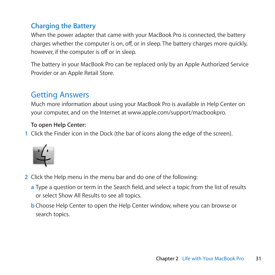 Getting answers, 31 getting answers, Charging the battery | Apple MacBook Pro (15-inch, Early 2011) User Manual | Page 31 / 88