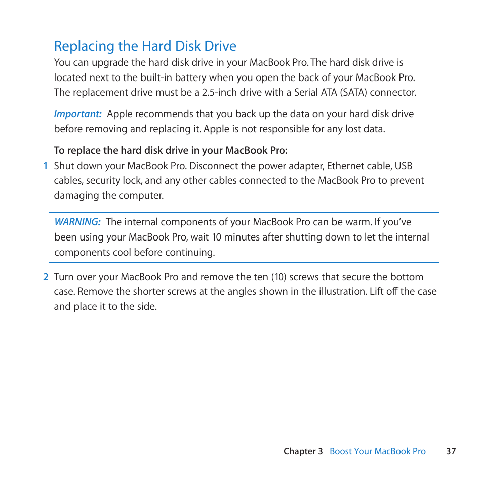 Replacing the hard disk drive, 37 replacing the hard disk drive | Apple MacBook Pro (15-inch, Early 2011) User Manual | Page 37 / 88