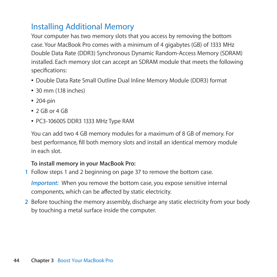 Installing additional memory, 44 installing additional memory | Apple MacBook Pro (15-inch, Early 2011) User Manual | Page 44 / 88