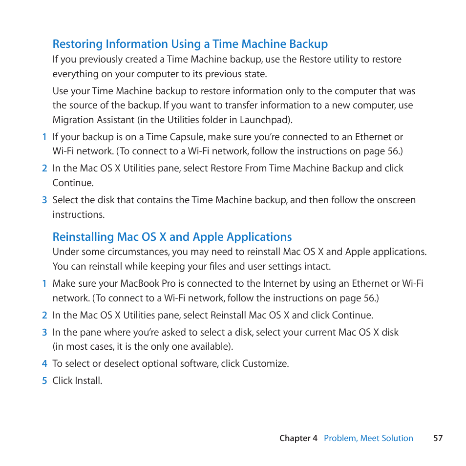 Restoring information using a time machine backup, Reinstalling mac os x and apple applications | Apple MacBook Pro (15-inch, Early 2011) User Manual | Page 57 / 88