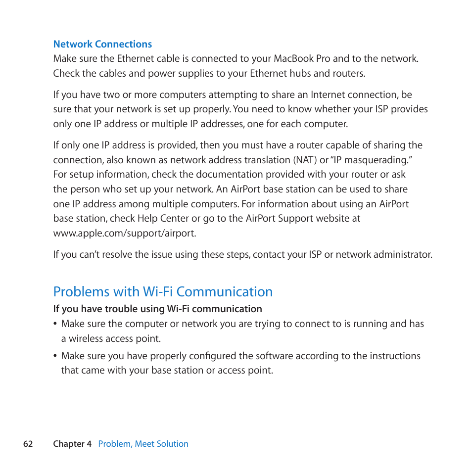 Problems with wi-fi communication, 62 problems with wi-fi communication | Apple MacBook Pro (15-inch, Early 2011) User Manual | Page 62 / 88