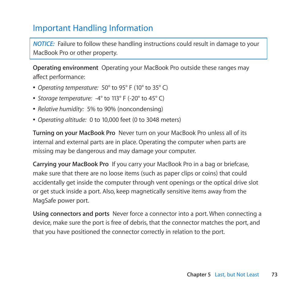 Important handling information, 73 important handling information | Apple MacBook Pro (15-inch, Early 2011) User Manual | Page 73 / 88