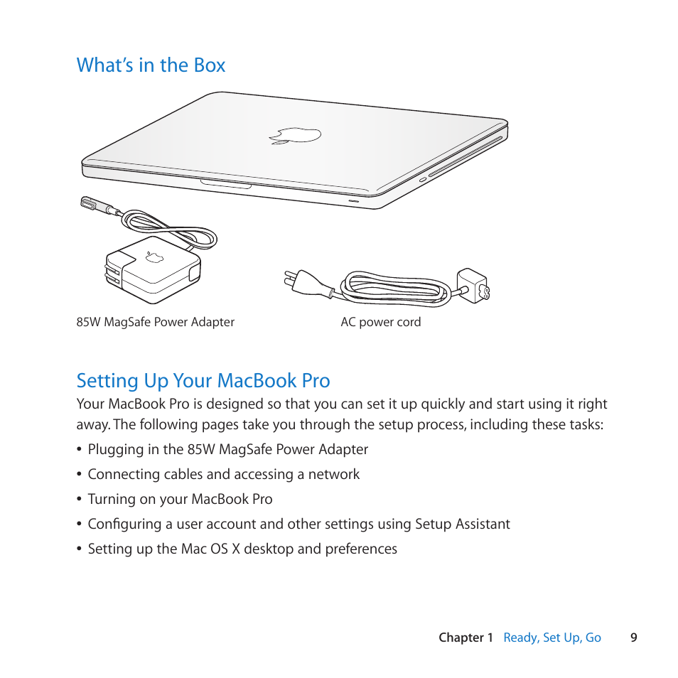 What’s in the box, Setting up your macbook pro, 9 what’s in the box | 9 setting up your macbook pro | Apple MacBook Pro (15-inch, Early 2011) User Manual | Page 9 / 88