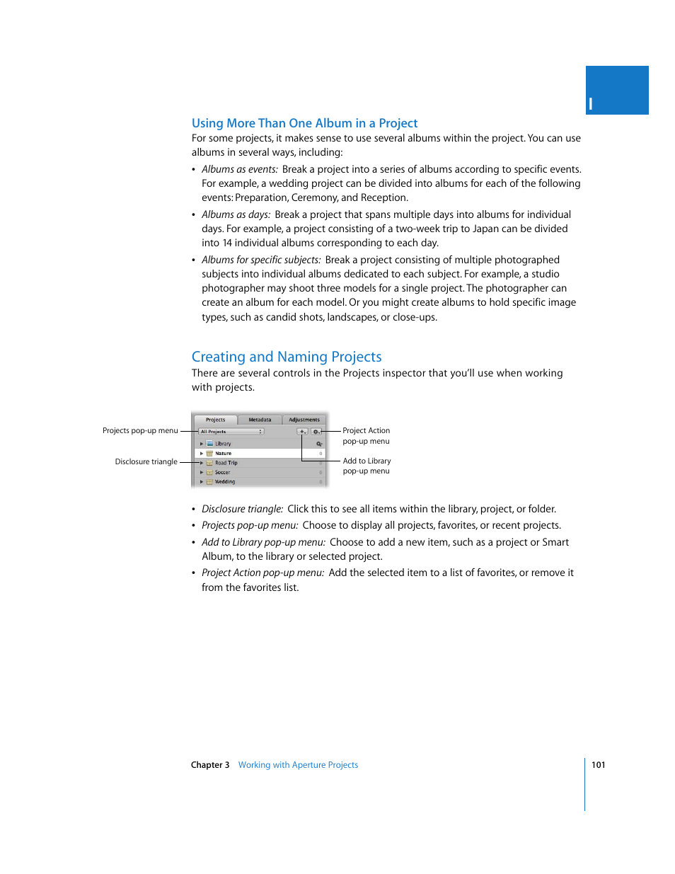 Using more than one album in a project, Creating and naming projects, P. 101) | Apple Aperture 2 User Manual | Page 101 / 701