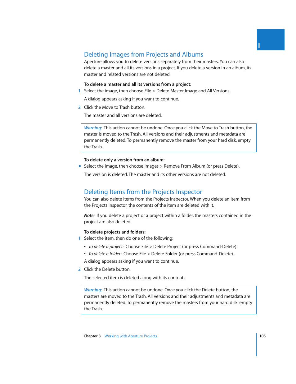 Deleting images from projects and albums, Deleting items from the projects inspector, P. 105) | Apple Aperture 2 User Manual | Page 105 / 701