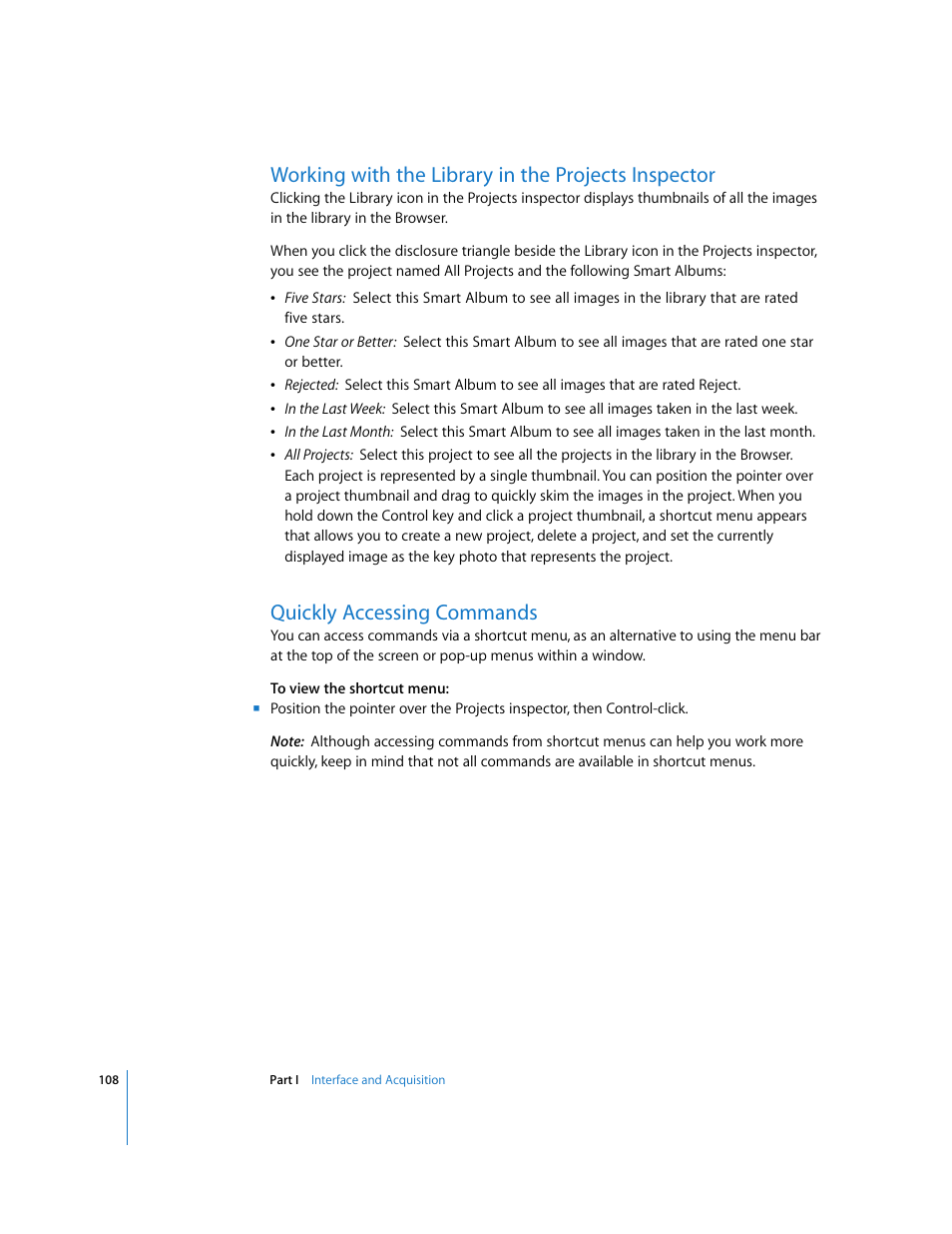 Working with the library in the projects inspector, Quickly accessing commands, P. 108) | Apple Aperture 2 User Manual | Page 108 / 701