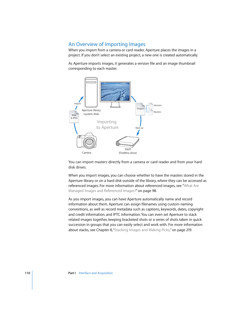 An overview of importing images, P. 110), Importing to aperture | Apple Aperture 2 User Manual | Page 110 / 701