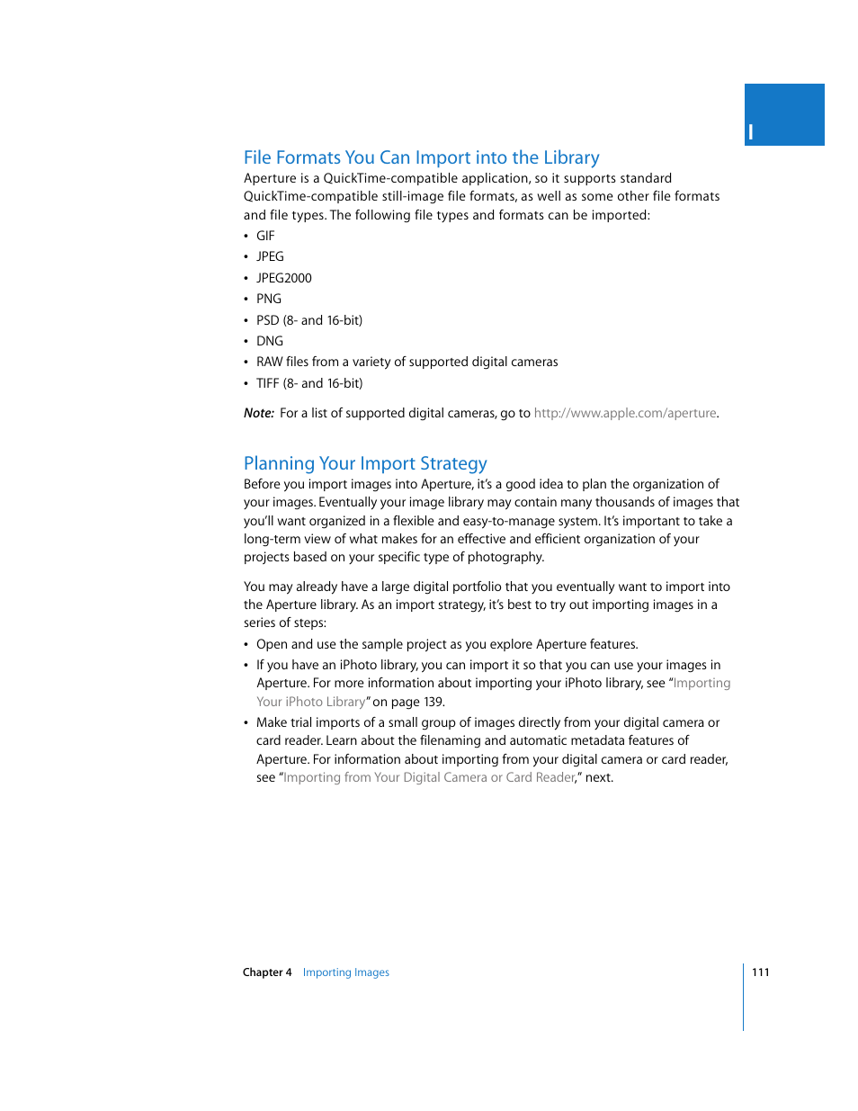 File formats you can import into the library, Planning your import strategy, P. 111) | Apple Aperture 2 User Manual | Page 111 / 701