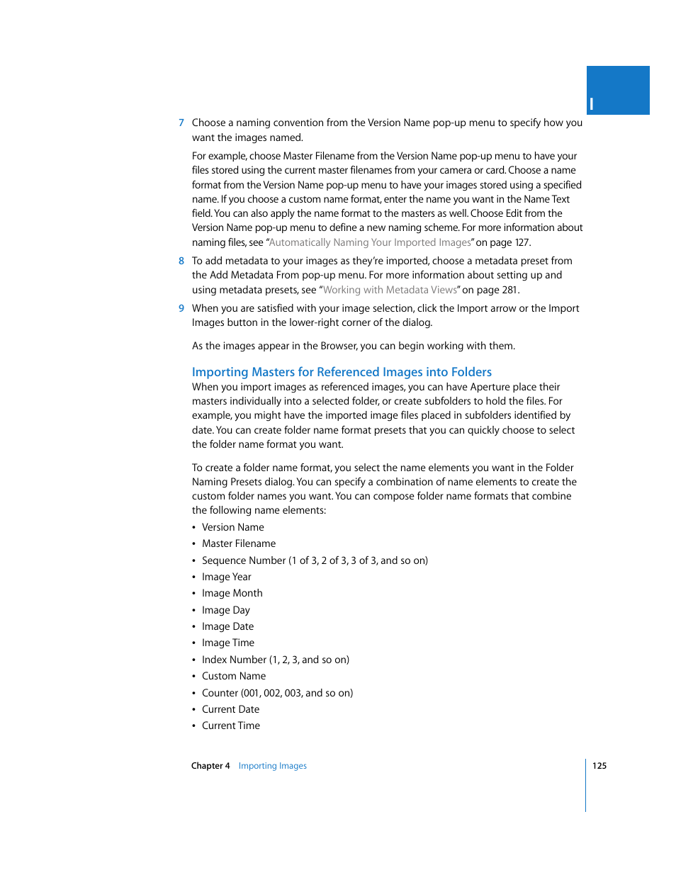 Importing, Masters for referenced images into folders | Apple Aperture 2 User Manual | Page 125 / 701