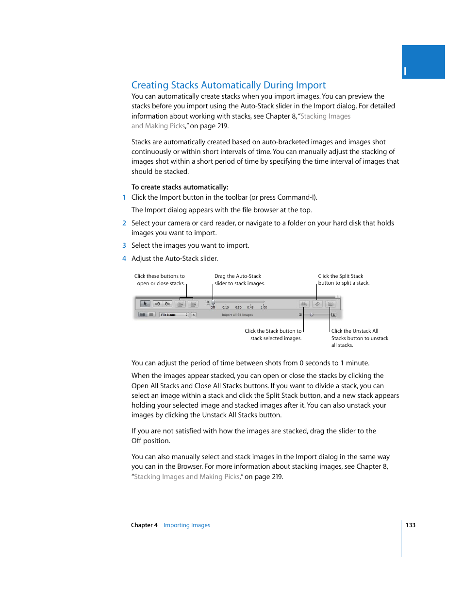 Creating stacks automatically during import, P. 133) | Apple Aperture 2 User Manual | Page 133 / 701