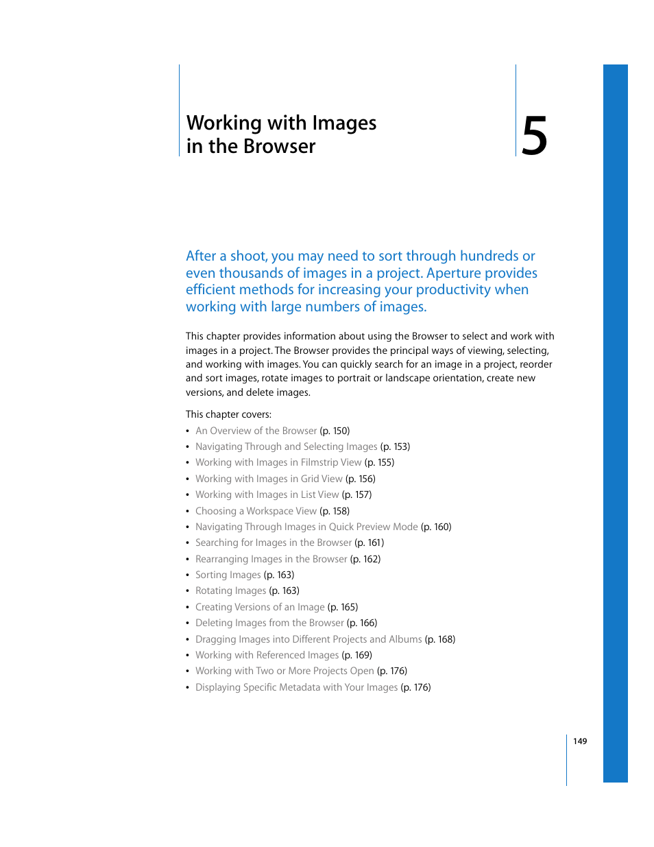 Working with images inthebrowser, Chapter 5, Working with images in the browser | See chapter 5, Working with, Images in the browser | Apple Aperture 2 User Manual | Page 149 / 701