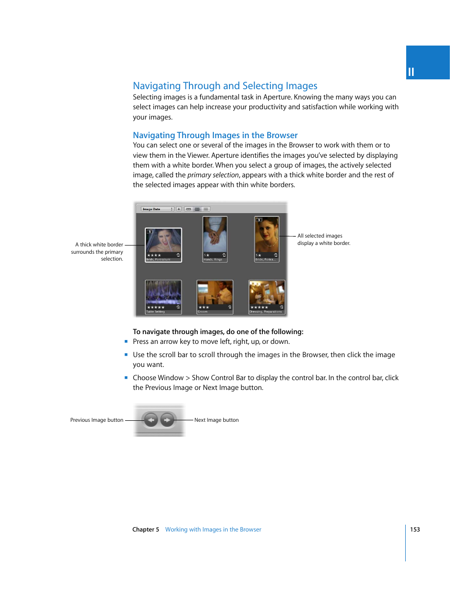 Navigating through and selecting images, Navigating through images in the browser, P. 153) | Apple Aperture 2 User Manual | Page 153 / 701