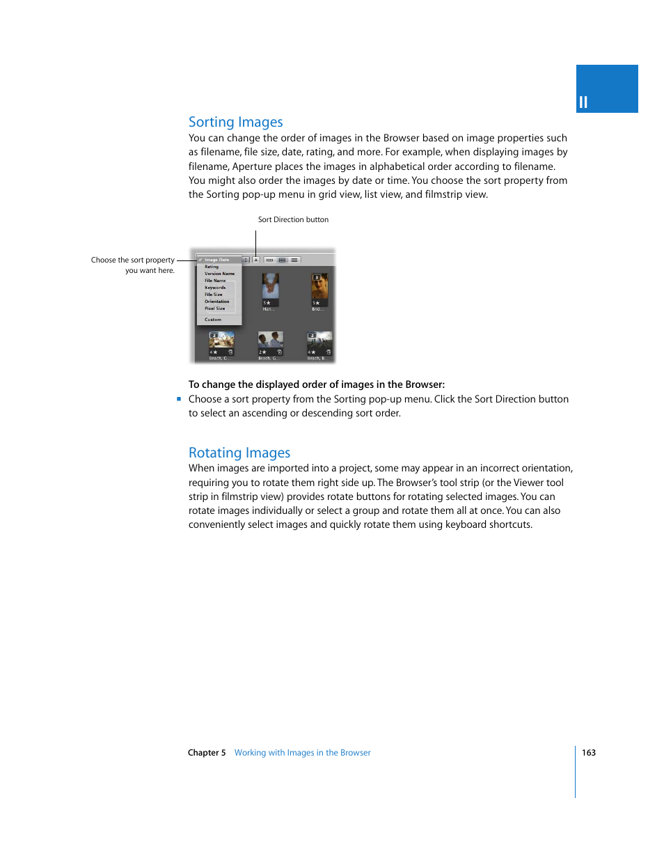 Sorting images, Rotating images, P. 163) | Apple Aperture 2 User Manual | Page 163 / 701