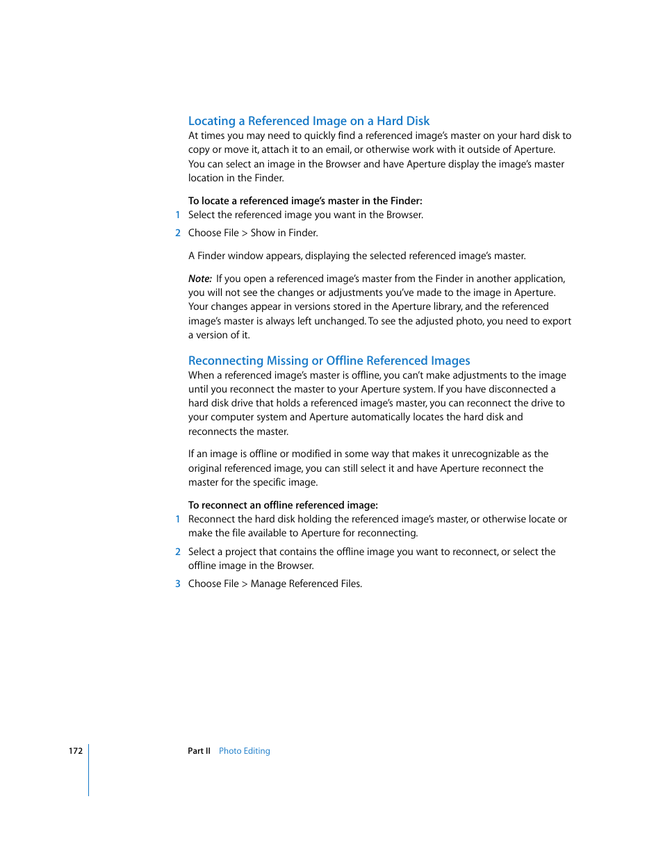 Locating a referenced image on a hard disk, Reconnecting missing or offline referenced images | Apple Aperture 2 User Manual | Page 172 / 701