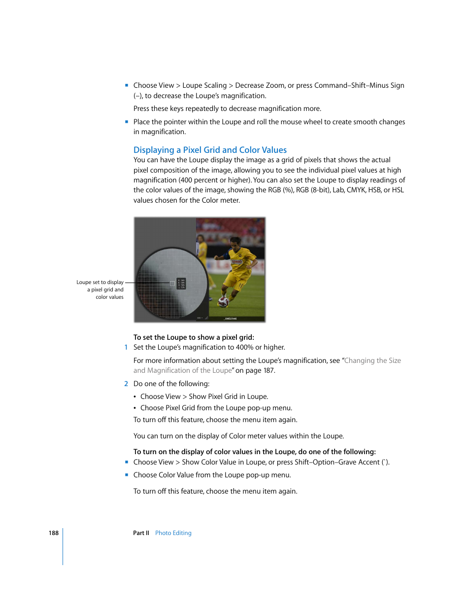 Displaying a pixel grid and color values | Apple Aperture 2 User Manual | Page 188 / 701