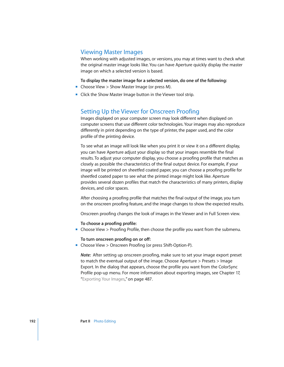 Viewing master images, Setting up the viewer for onscreen proofing, P. 192) | Apple Aperture 2 User Manual | Page 192 / 701