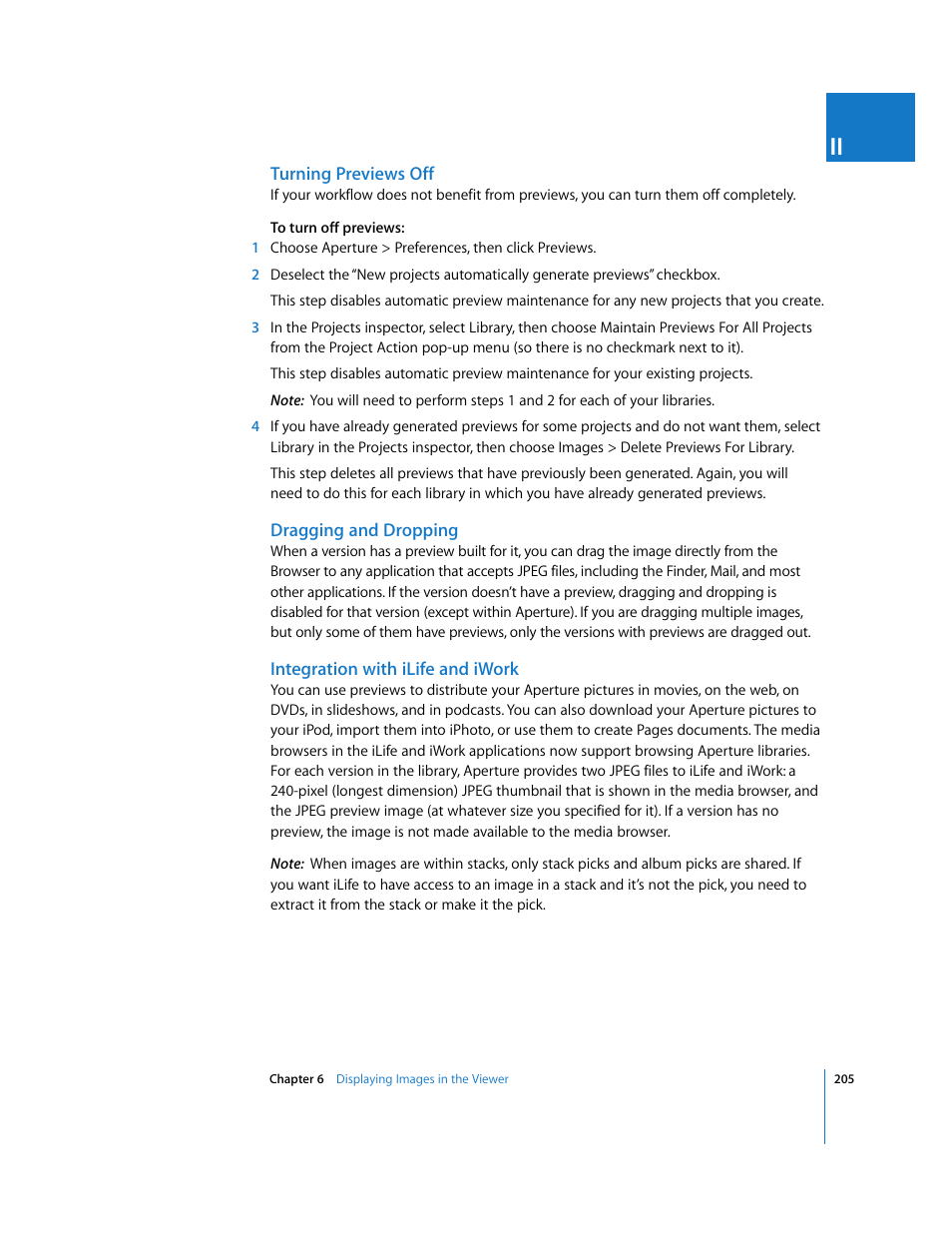 Turning previews off, Dragging and dropping, Integration with ilife and iwork | Apple Aperture 2 User Manual | Page 205 / 701