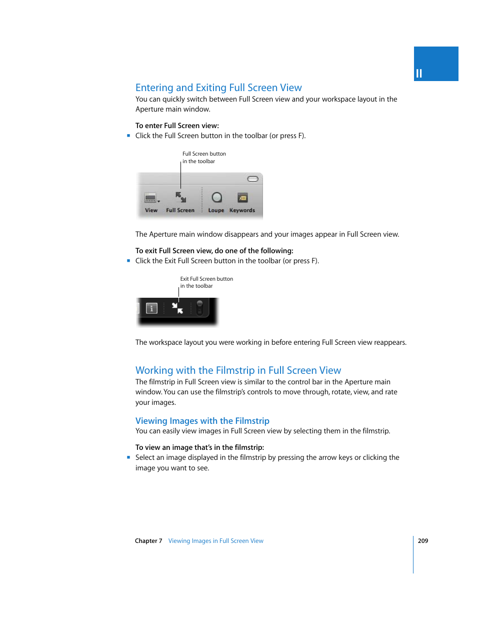 Entering and exiting full screen view, Working with the filmstrip in full screen view, Viewing images with the filmstrip | P. 209) | Apple Aperture 2 User Manual | Page 209 / 701