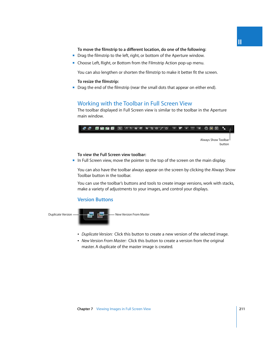 Working with the toolbar in full screen view, Version buttons, P. 211) | Apple Aperture 2 User Manual | Page 211 / 701
