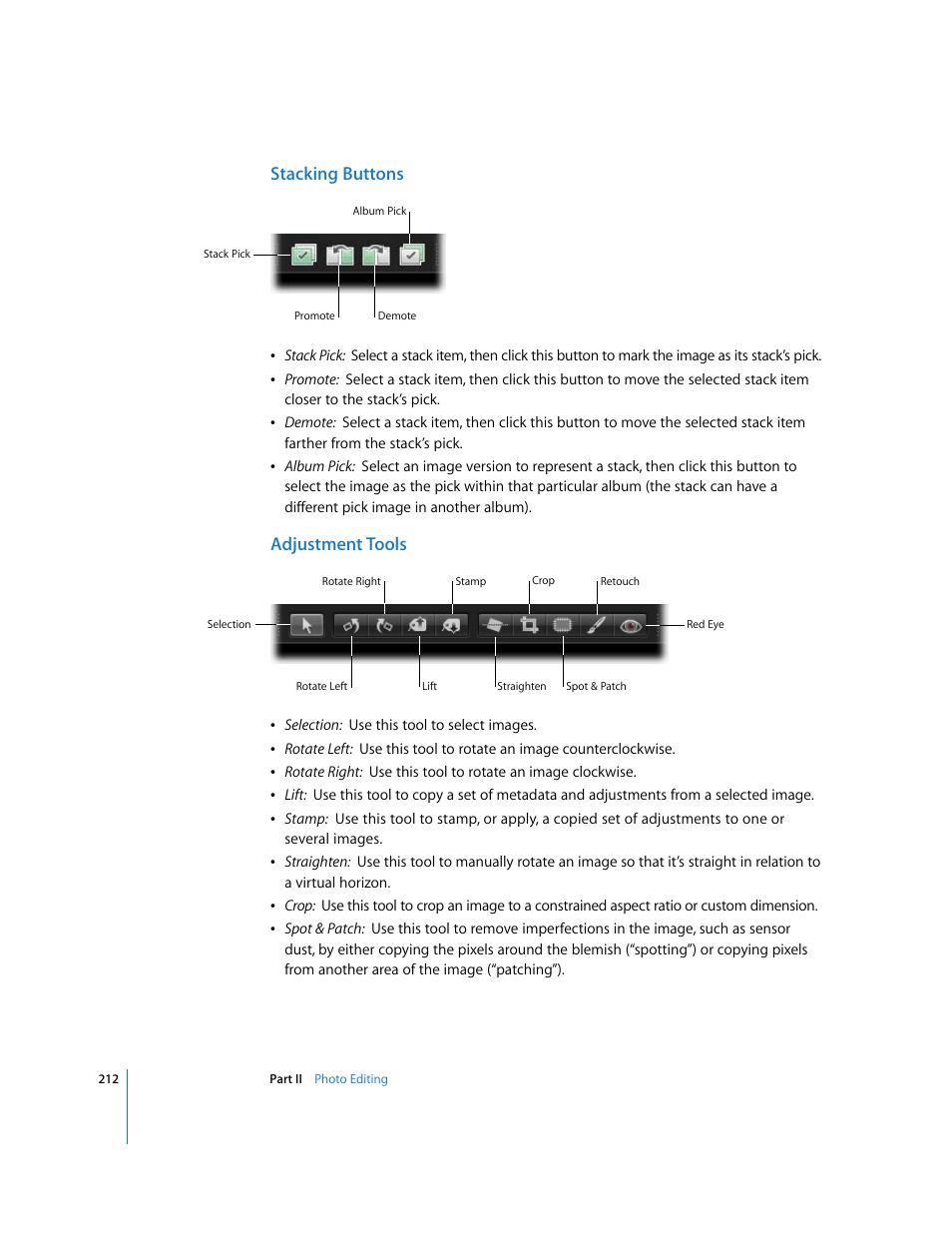 Stacking buttons, Adjustment tools | Apple Aperture 2 User Manual | Page 212 / 701