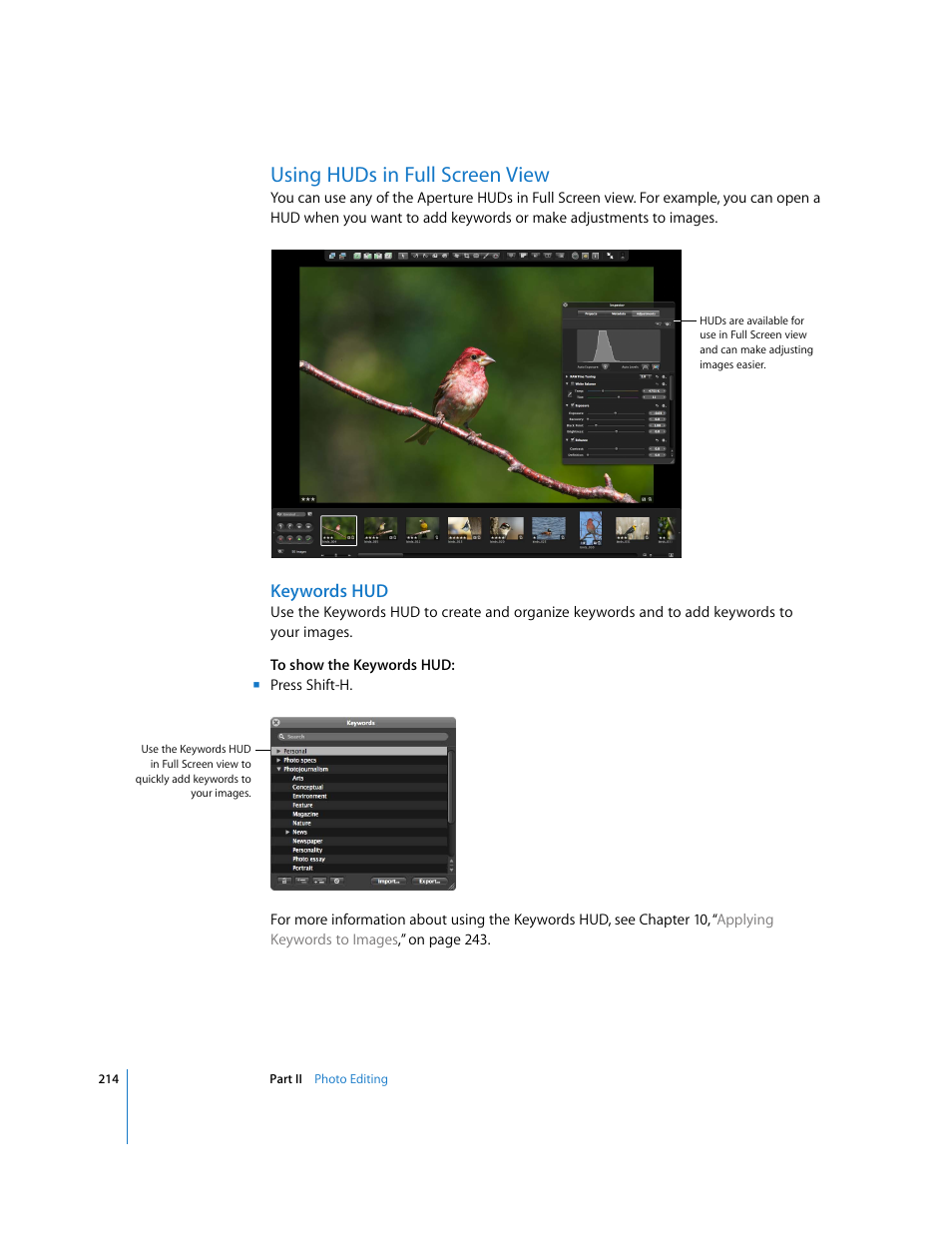 Using huds in full screen view, Keywords hud, P. 214) | Apple Aperture 2 User Manual | Page 214 / 701