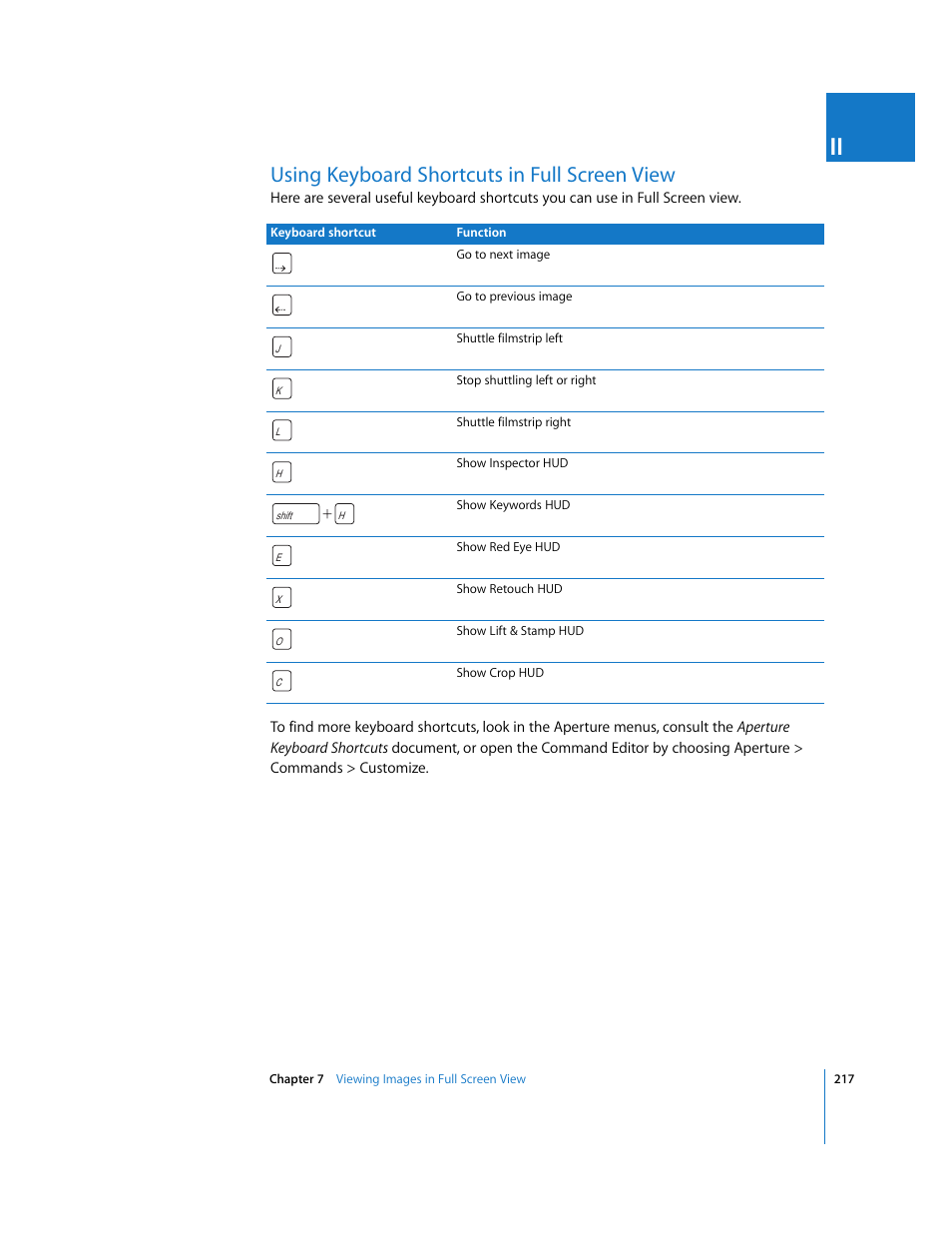 Using keyboard shortcuts in full screen view, P. 217), Using keyboard | Shortcuts in full screen view | Apple Aperture 2 User Manual | Page 217 / 701
