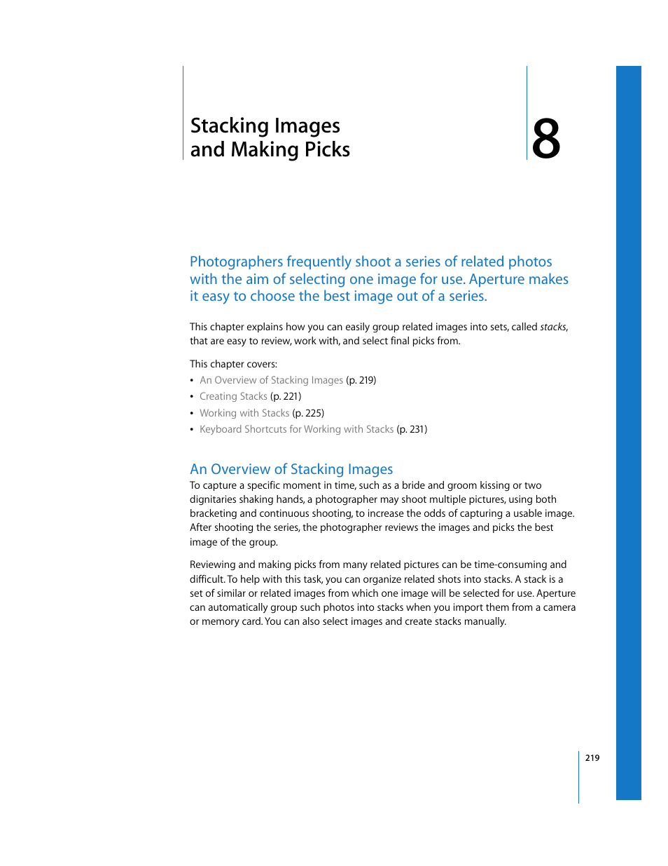 Stacking images andmakingpicks, An overview of stacking images, Chapter 8 | Stacking images and making picks, See chapter 8, Stacking images, And making picks, Stacking, Images and making picks | Apple Aperture 2 User Manual | Page 219 / 701