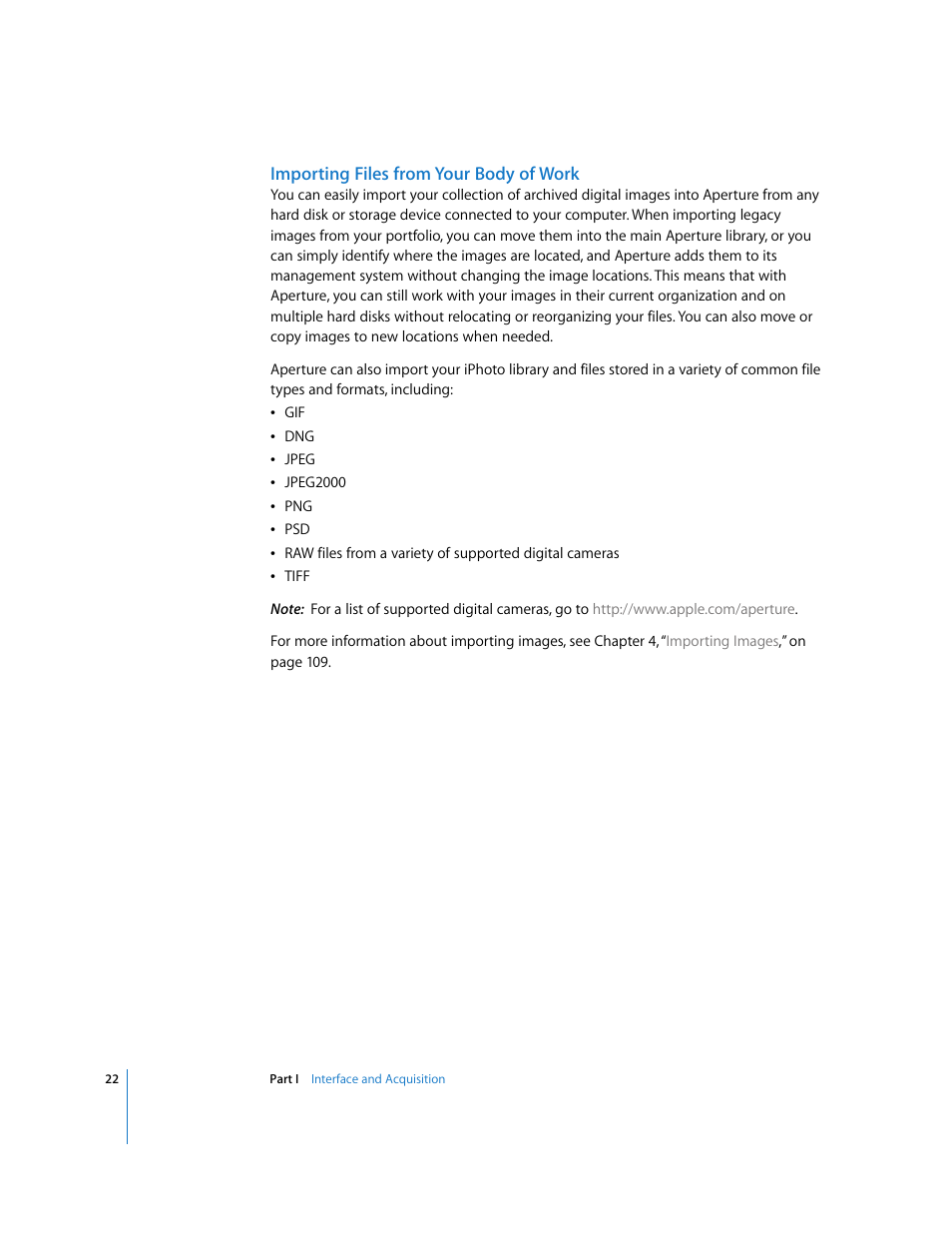 Importing files from your body of work | Apple Aperture 2 User Manual | Page 22 / 701