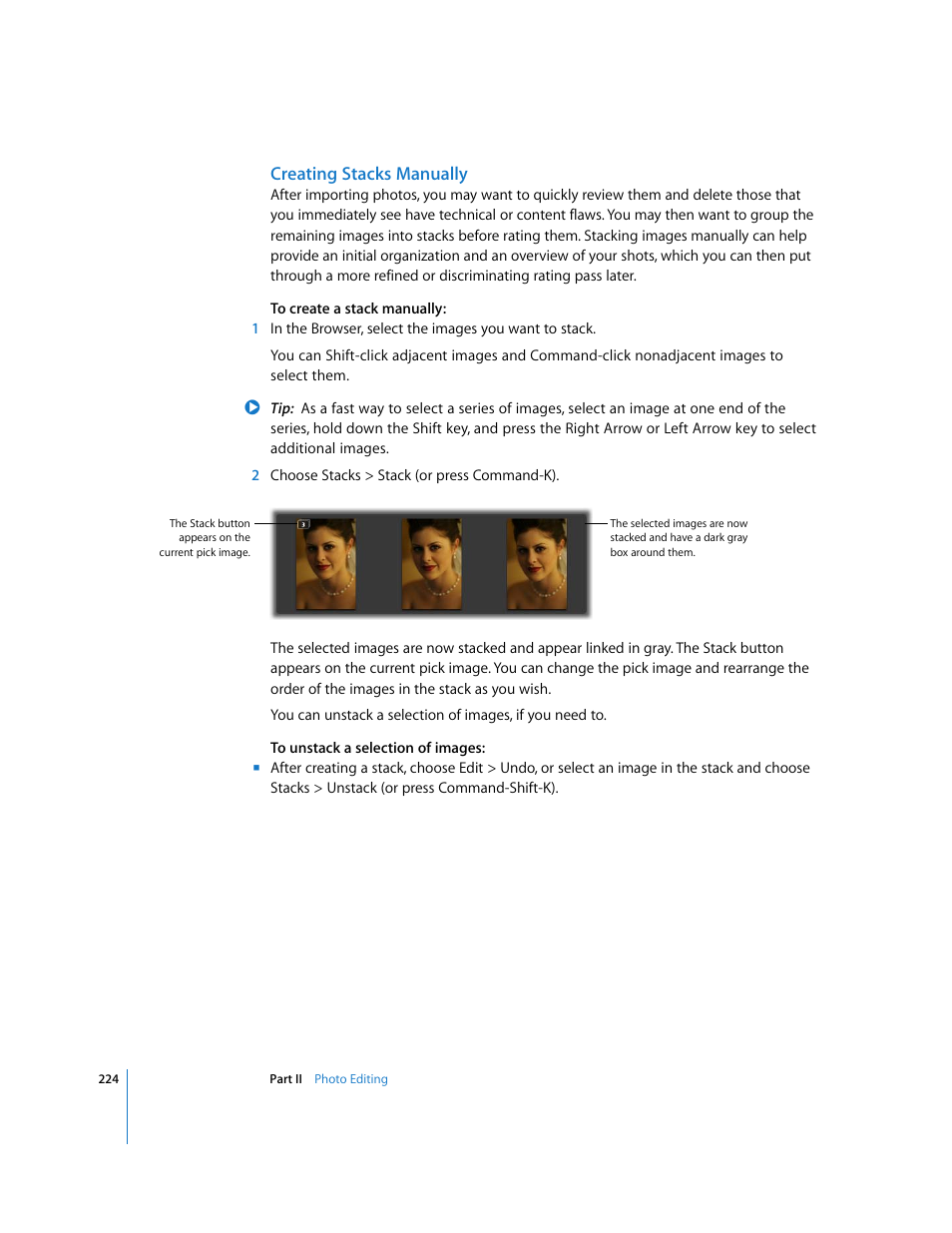 Creating stacks manually | Apple Aperture 2 User Manual | Page 224 / 701