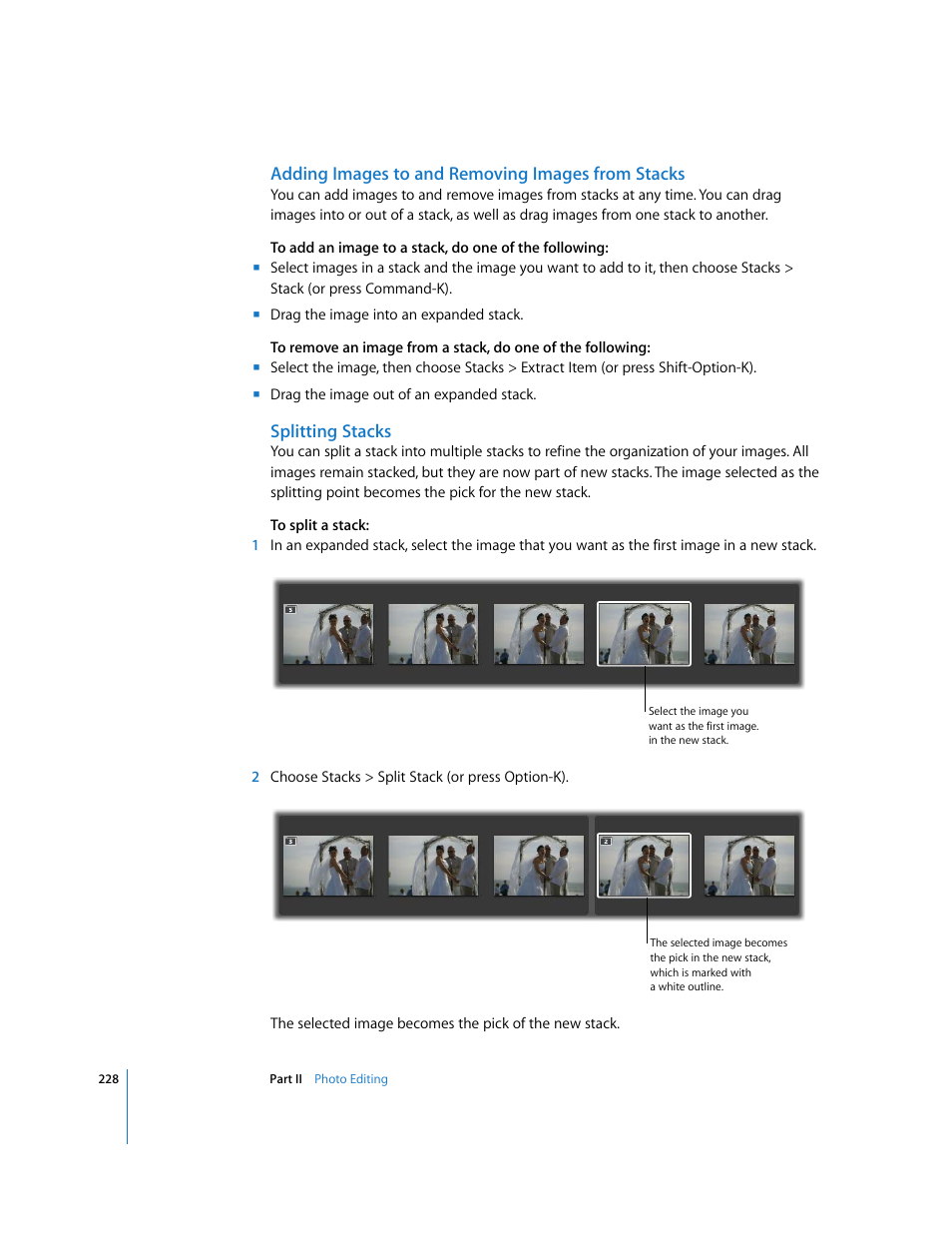 Adding images to and removing images from stacks, Splitting stacks | Apple Aperture 2 User Manual | Page 228 / 701