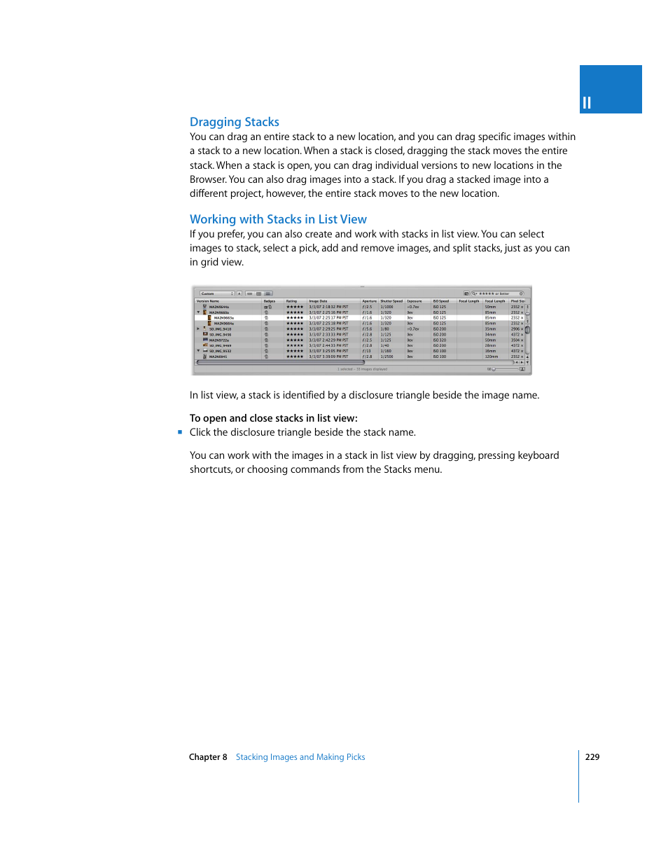 Dragging stacks, Working with stacks in list view | Apple Aperture 2 User Manual | Page 229 / 701