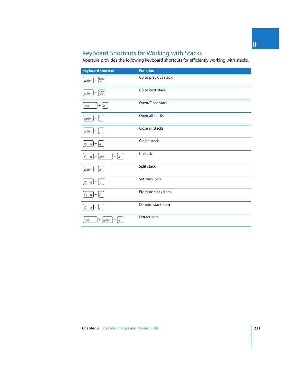 Keyboard shortcuts for working with stacks, P. 231) | Apple Aperture 2 User Manual | Page 231 / 701