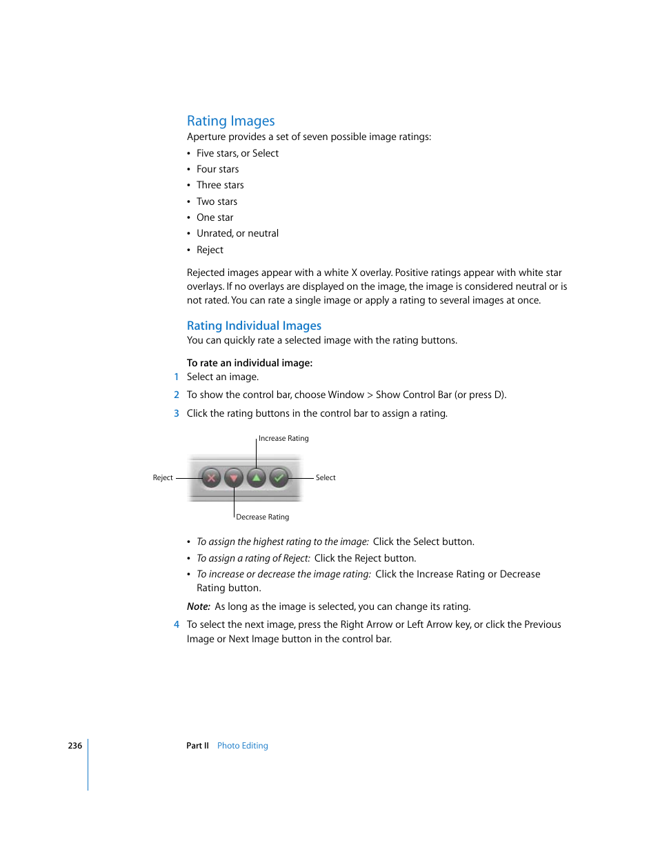 Rating images, Rating individual images, P. 236) | Apple Aperture 2 User Manual | Page 236 / 701