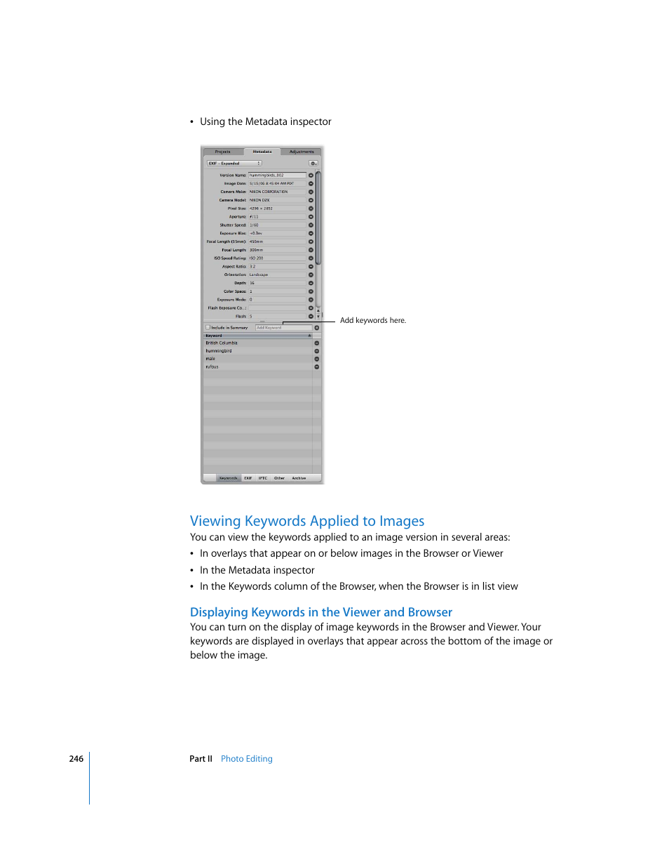 Viewing keywords applied to images, Displaying keywords in the viewer and browser, P. 246) | Apple Aperture 2 User Manual | Page 246 / 701
