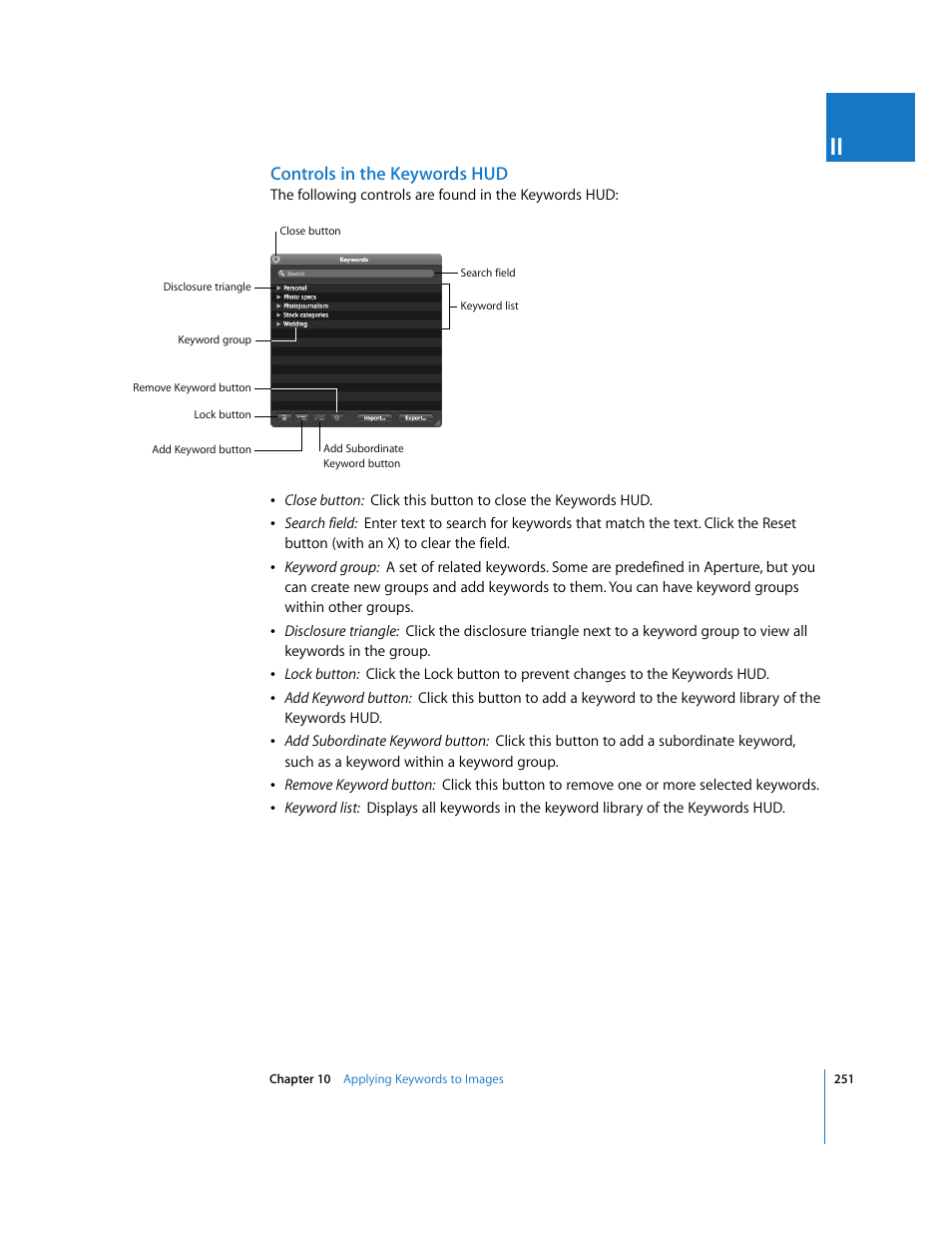 Controls in the keywords hud | Apple Aperture 2 User Manual | Page 251 / 701