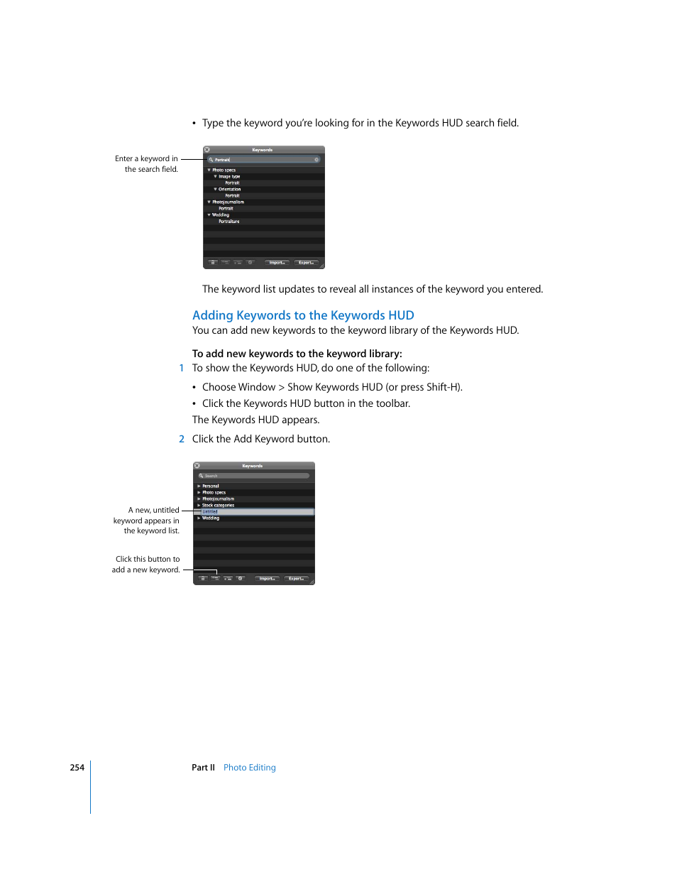 Adding keywords to the keywords hud | Apple Aperture 2 User Manual | Page 254 / 701