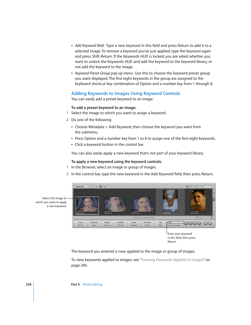 Adding keywords to images using keyword controls | Apple Aperture 2 User Manual | Page 258 / 701
