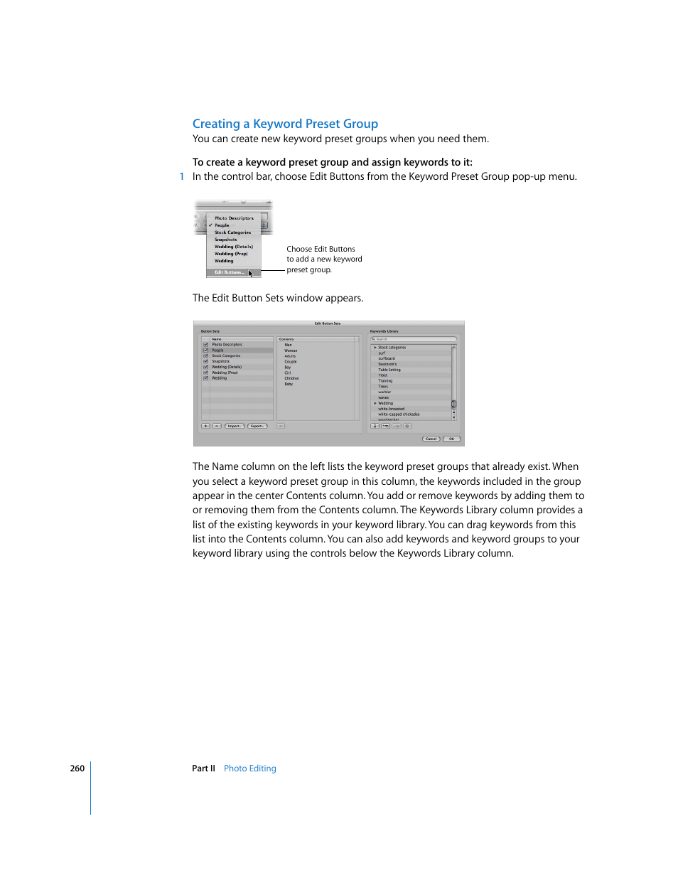 Creating a keyword preset group | Apple Aperture 2 User Manual | Page 260 / 701