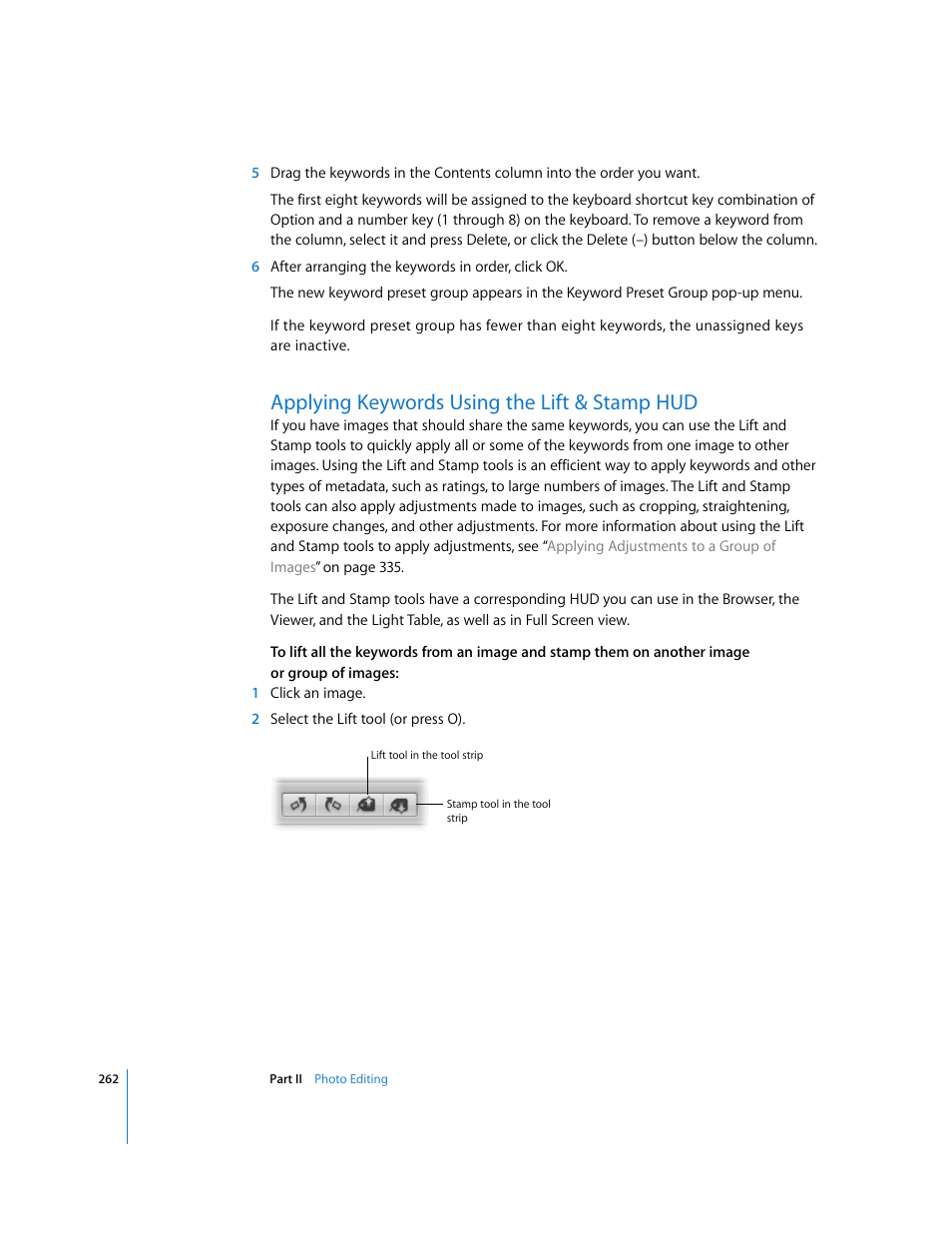 Applying keywords usingthelift&stamp hud, Applying keywords using the lift & stamp hud, P. 262) | Apple Aperture 2 User Manual | Page 262 / 701