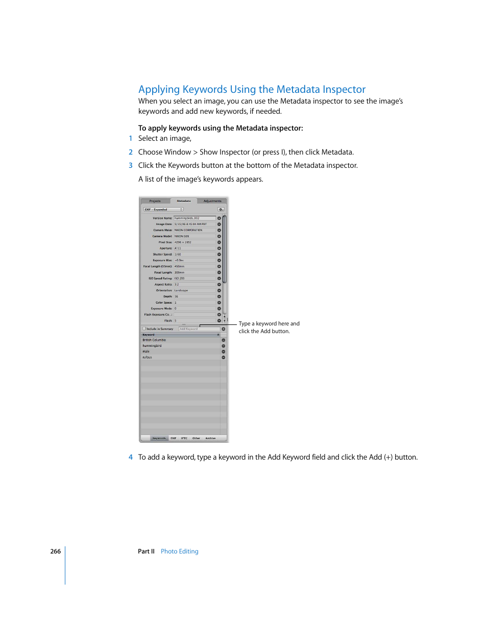 Applying keywords using the metadata inspector, P. 266) | Apple Aperture 2 User Manual | Page 266 / 701