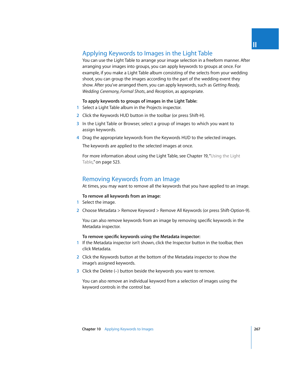 Applying keywords to images in the light table, Removing keywords from an image, P. 267) | Apple Aperture 2 User Manual | Page 267 / 701