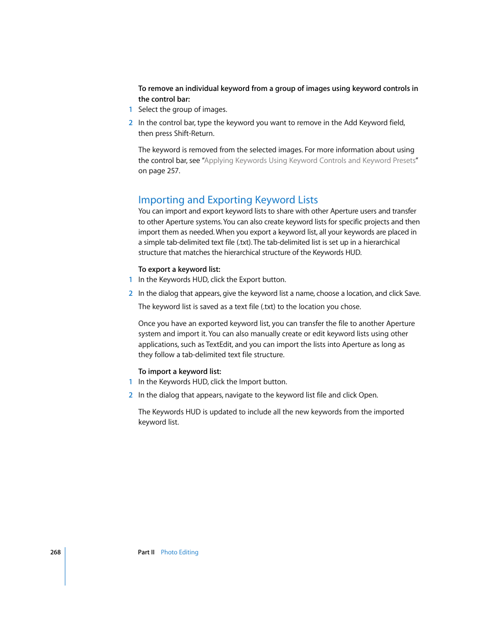 Importing and exporting keyword lists, P. 268) | Apple Aperture 2 User Manual | Page 268 / 701