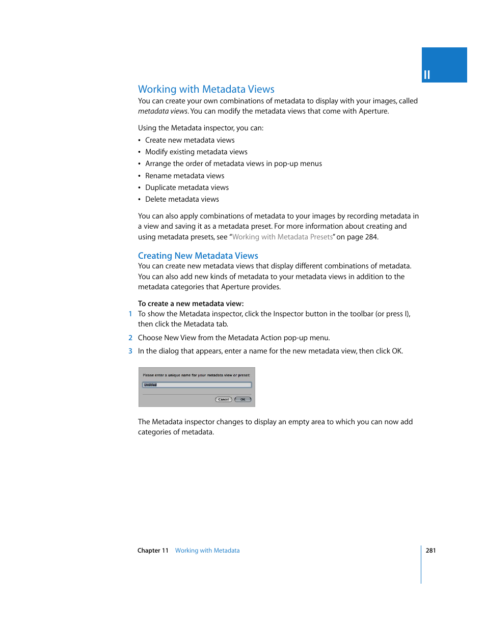 Working with metadata views, Creating new metadata views, P. 281) | Apple Aperture 2 User Manual | Page 281 / 701