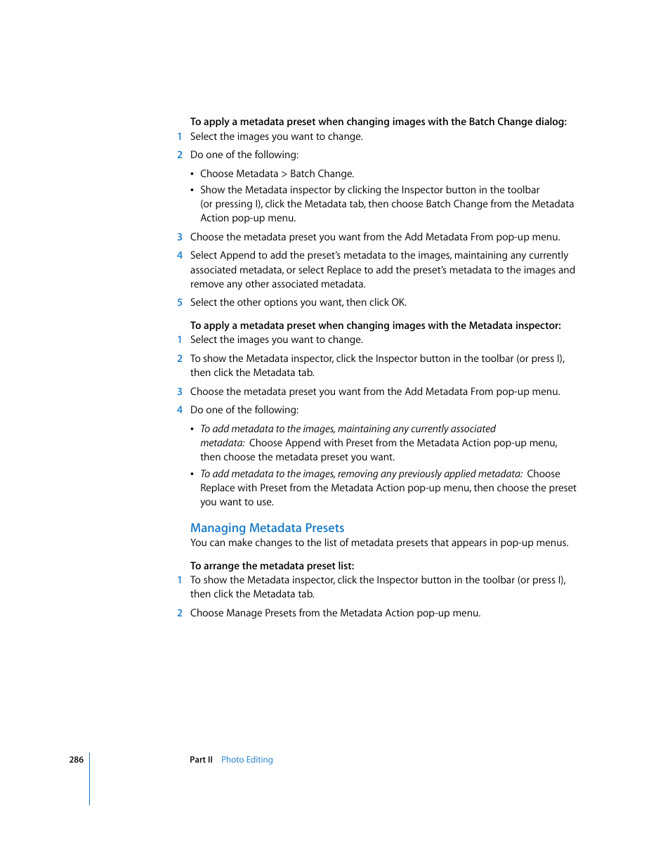 Managing metadata presets | Apple Aperture 2 User Manual | Page 286 / 701