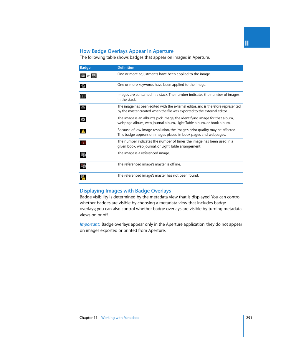 How badge overlays appear in aperture, Displaying images with badge overlays | Apple Aperture 2 User Manual | Page 291 / 701